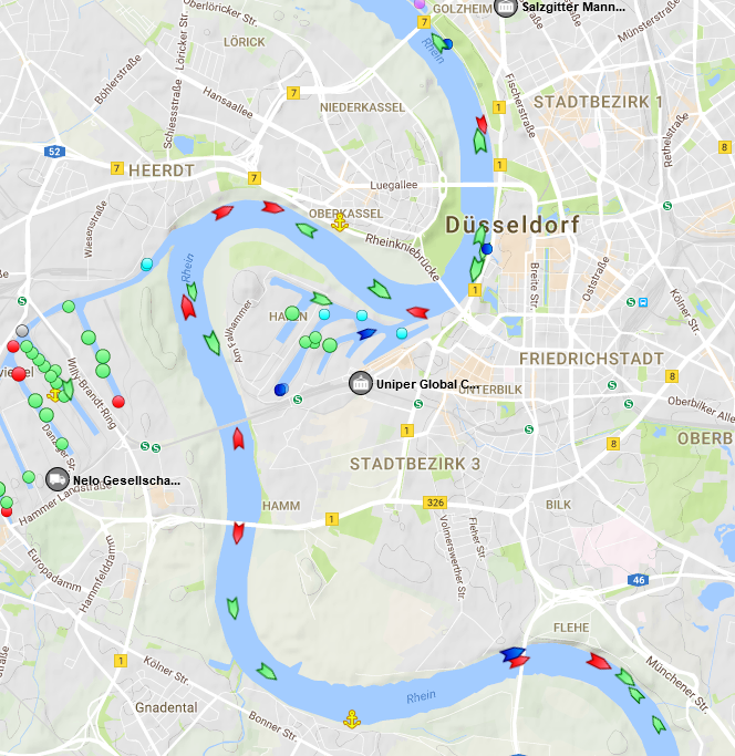 der Rhein um Düsseldorf - Schiffe (und ihre AIS Position) hinter jeder Ecke